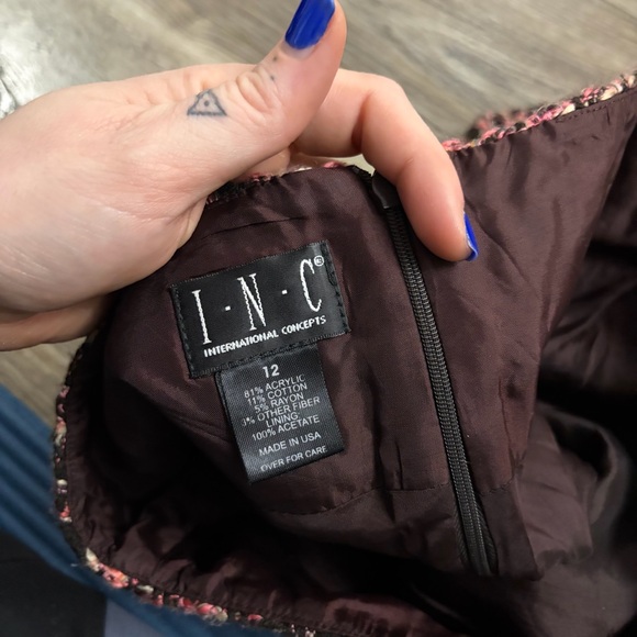 90s Vintage INC International Concepts Tweed Fringe Plaid Skirt Brown/Pink 12 - Picture 5 of 6